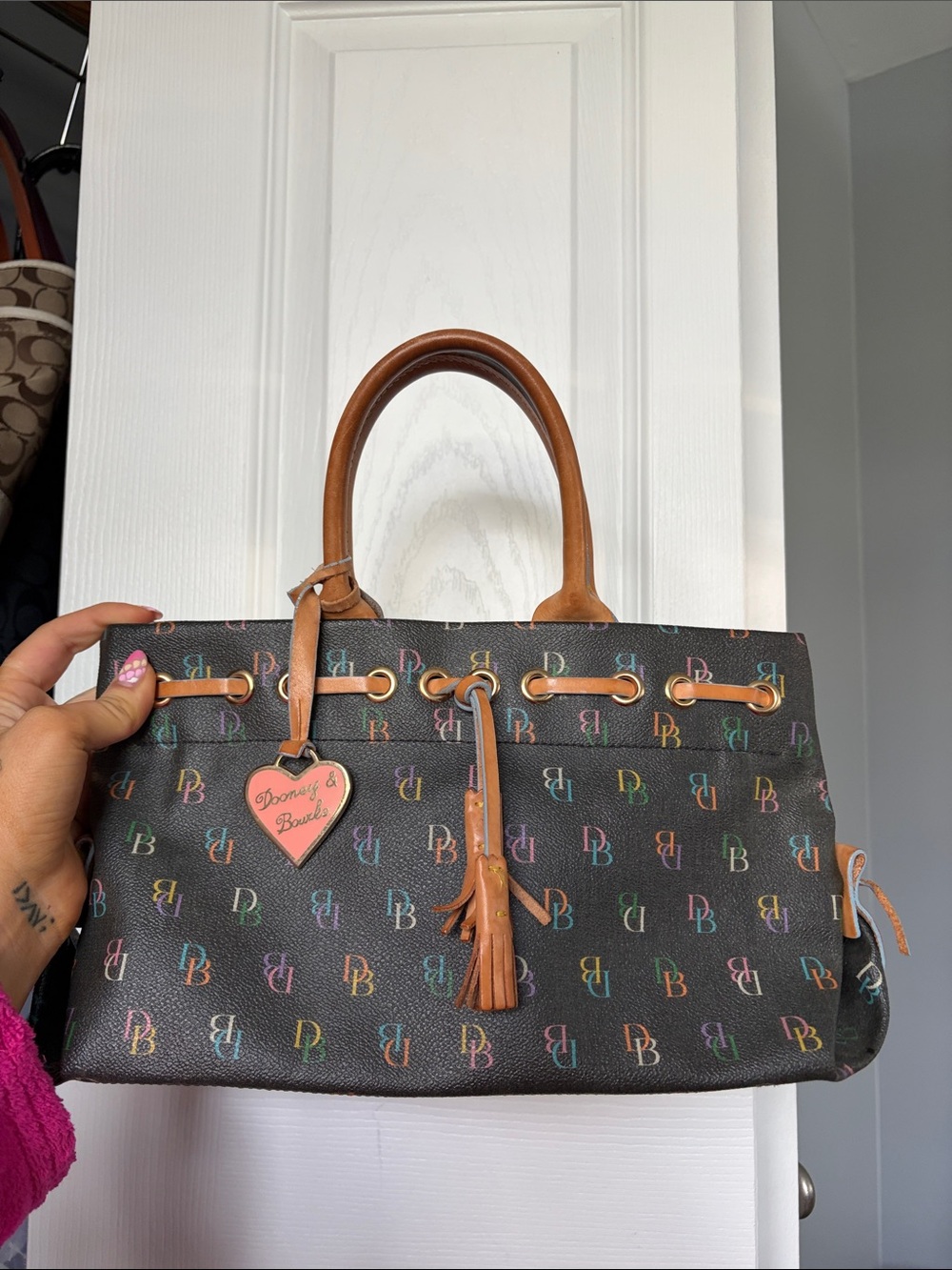 Dooney & Bourke Black Multicolor DB Logo Tote with Brown Trim